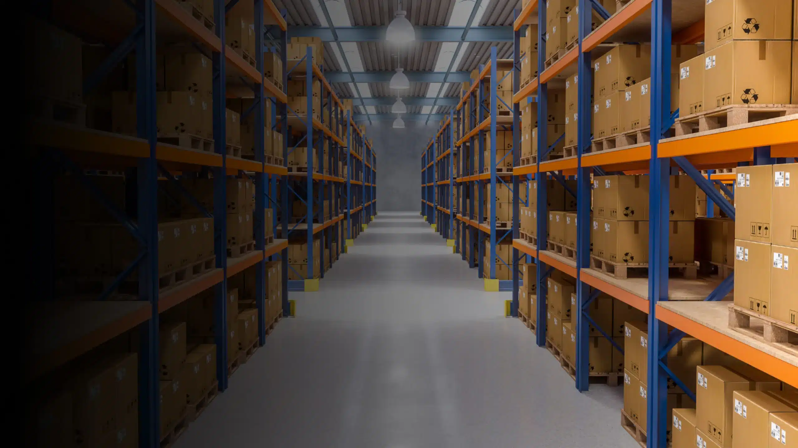 Selective pallet racking aisle in a distribution warehouse
